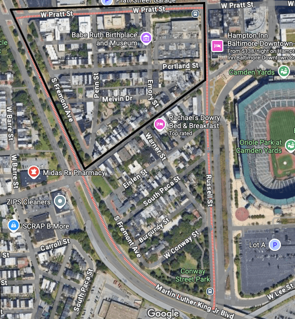 Map of the North Ridgely's Delight area in Baltimore City, highlighting key streets and landmarks such as Babe Ruth Birthplace and Museum and Martin Luther King Jr Blvd.